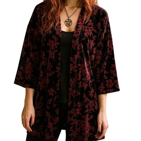 Velvet Burnout Kimono Jacket Black Pink Floral Whimsigoth Boho M Vtg Inspired - Picture 1 of 10